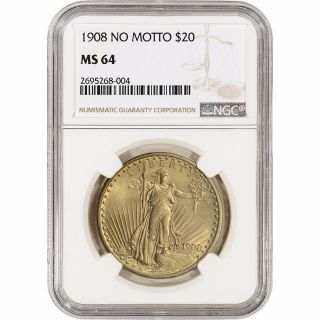 Us Gold $20 Saint - Gaudens Double Eagle - Ngc Ms64 - 1908 No Motto
