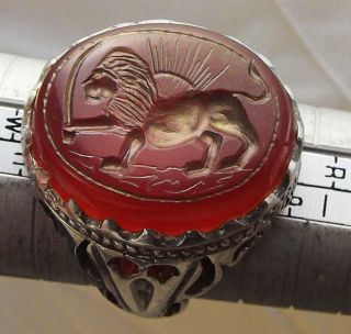 Islamic,  Carnelian Agate Silver Ring Engraved,  Qajar Emblem,  Lion,  Sun,  Sword