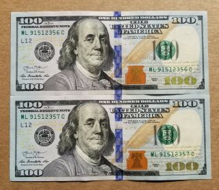 2 Us $100 Notes Consecutive Serial Numbers One Hundred Dollar Bills 2013 Unc