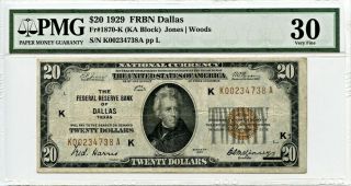 Fr.  1870k 1929 $20 Federal Reserve Bank Note Dallas Pmg Very Fine 30 -