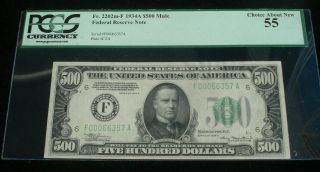 1934 A $500 Pcgs Au 55 Federal Reserve Note Fr.  2202 M - F Five Hundred Dollar