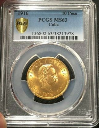 1916 Gold 10 Peso - Pcgs Ms63 - Diez Pesos -