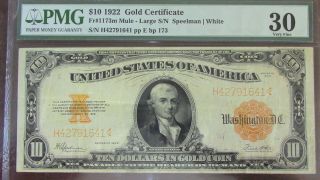 1922 Us $10 Gold Certificate Pmg 30 John Burke Back Plate 173