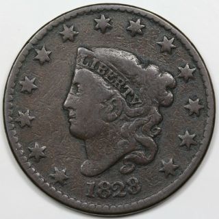 1828 Coronet Head Large Cent,  Large Narrow Date,  Vg