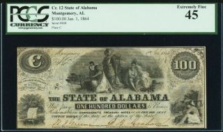 Confederate Currency Montgomery,  Al - State Of Alabama $100 Jan.  1,  1864 Cr.  12