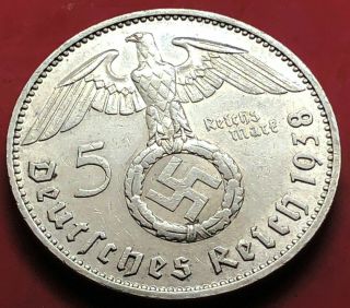 German Paul Von Hindenburg 5rm.  900 Silver 1938 J Big Swastika
