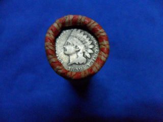 Roll Of Unsorted Wheat Pennies With An 1859 Indian Head Penny On One End