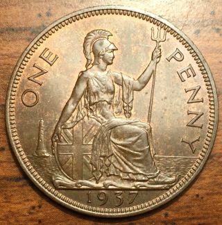 1937 Gem Proof Great Britain One Penny Seated Britannia Coin Only 26,  000 Minted