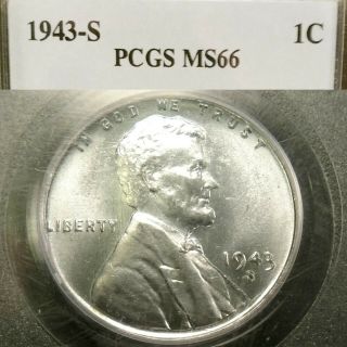 1943 - S Pcgs Ms66 Uncirculated Steel Lincoln Cent Wheat Penny