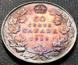 1919 Canada Silver 50 Cent Half Dollar Coin Ef,  Toning