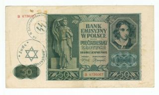 German - Poland Occupation Banknote 50 Zlotych With Third Reich Stamped