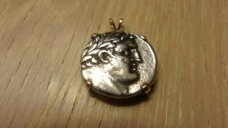 Ancient Greek " Shekel Of Tire " Silver Coin Set In 14k Gold Pendant