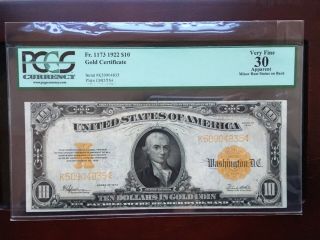 Rare 1922 $10 Gold Certificate Strong Pcgs 30 Very Fine