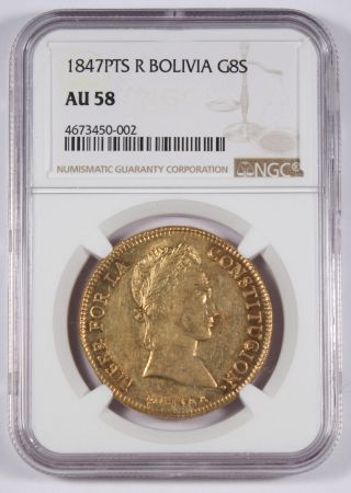 Bolivia 1847 Pts R 8 Scudos/escudos Gold Coin Ngc Au58 Au Fr - 26 Km - 108.  2 @rare@