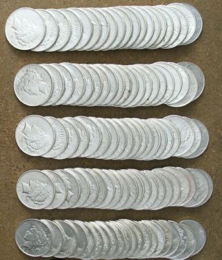 Five Rolls (100 Coins) 1922 Peace Silver Dollars.  Ch/gem Bu