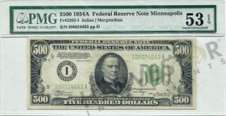 1934 Fr 2202 - I $500 Bill Federal Reserve Note - Minneapolis - Rare Issue Pmg 53