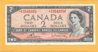 1954 Replacement Note Canadian 2 Dollar Bill A/g3542650 (circulated)