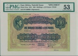 Nairobi Issue East Africa 100 Shillings 1941 Specimen Pmg 53