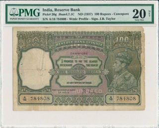 Reserve Bank India 100 Rupees Nd (1937) Cawnpore Pmg 20net