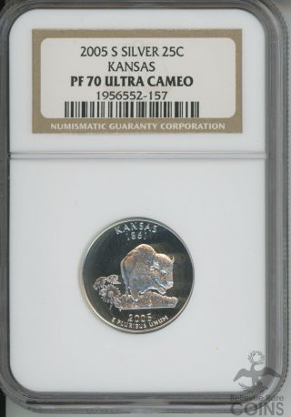2005 - S Silver Proof Kansas State Quarter Ngc Pf70 Ultra Cameo