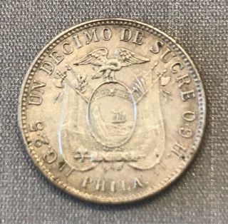 Ecuador Silver 1 Decimo Coin 1916 - Philadelphia Km - 50.  5 Unc Specimen