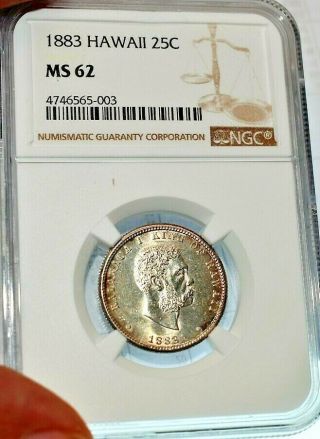 1883 Kingdom Of Hawaii Silver Quarter Ngc Ms 62 With Eye Appeal