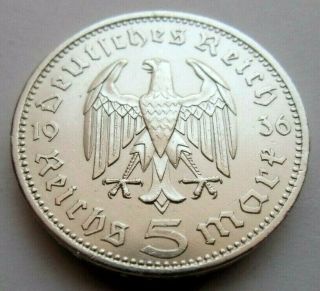 (559) Antique Wwii German 3rd Reich 1936 A 5 Reichsmark Silver Coin