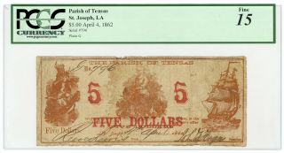 1862 $5 The Parish Of Tensas - St Joseph,  Louisiana Note Civil War Era Pcgs F 15