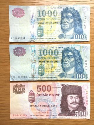 Three Hungary Bank Notes - Two 1,  000 Forint And One 500 Forint