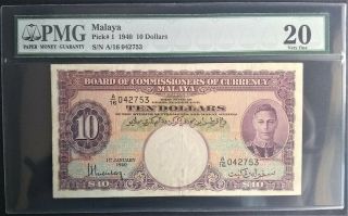 British Malaya $10 Dollars 1940 P 7 King George Kgvi Pmg Vf P1 Purple Emergency