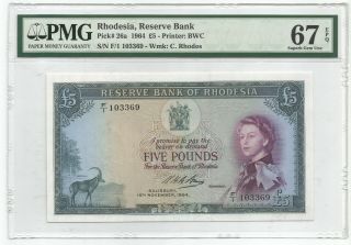 Rhodesia 5 Pounds 10.  11.  1964 P 26a Banknote Pmg 67 Epq - Gem Unc