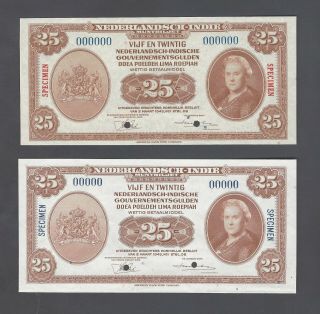 Netherlands Indies 2 Notes 25 Gulden 2 - 3 - 1943 P115s Specimen Aunc - Unc