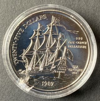$25 Dollar Palladium 1987 Bermuda Sea Venture 1 Oz Coin.  999 Fine W/ Box &