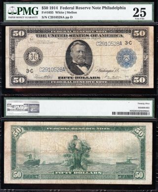 Bold Mid - Grade Vf 1914 $50 Philadelphia Frn Note Pmg 25 10528