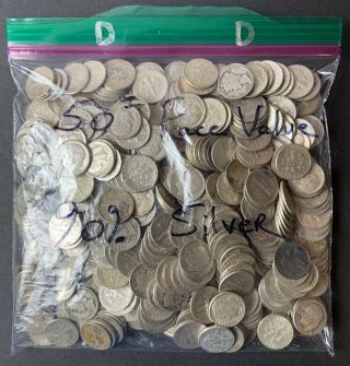 Bag Of 500 90 Silver Roosevelt & Mercury Dimes $50 Face - Value Bag