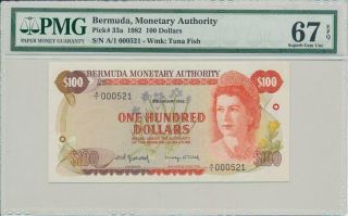 Monetary Authority Bermuda $100 1982 Low S/no A/1 000521 Pmg 67epq