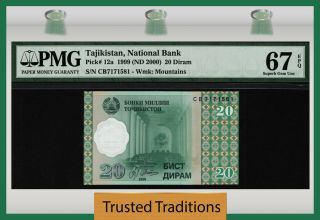 Tt Pk 12a 1999 Tajikistan National Bank 20 Diram Pmg 67 Epq Gem Unc