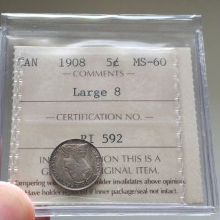 1908 Canada Silver 5 Cents Coin - Iccs Ms - 60 Large 8 - Old Iccs 2 Letter Holder