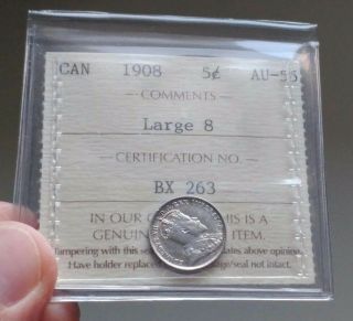 1908 Canada Silver 5 Cents Coin - Iccs Au - 55 Large 8 - Old Iccs 2 Letter Holder