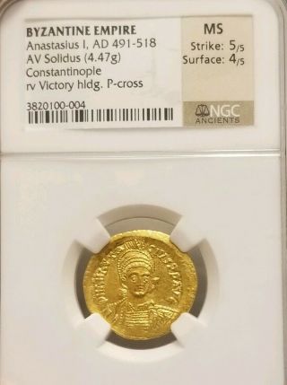Byzantine Empire Anastasius Solidus Ngc Ms 5/4 Ancient Gold Coin