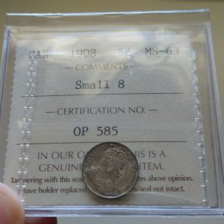 1908 Canada Silver 5 Cents Coin - Iccs Ms - 63 Small 8 - Old Iccs 2 Letter $275 Bv