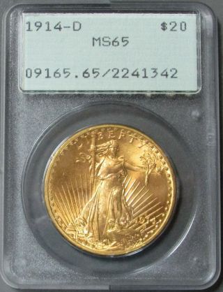 1914 D Gold $20 Saint Gaudens Double Eagle Coin Pcgs Ms 65 Green Label Rattler