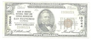 1929 $50 Bank Of America San Francisco,  Ca National Currency Ch.  13044