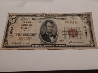 Charter 13067 $5 Small Size Teague Texas 1929 National Bank Note