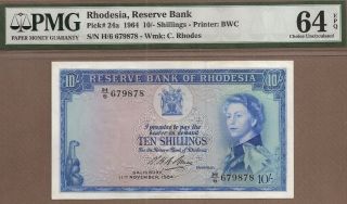 Rhodesia: 10 Shillings Banknote,  (unc Pmg64),  P - 24a,  11.  11.  1964,
