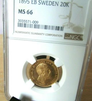 Gold 1895 Eb Sweden 20 Kronor Ngc Graded Ms66 Stunning Detail Bright