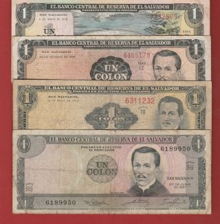El Salvador 4 Notes 1 Colon 1967 - 1970 - 1972 - 1978 Scarce Note