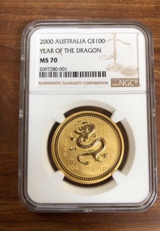 2000 Australia Gold Lunar Year Of The Dragon (1 Oz) $100 - Ngc Ms70 - Series I