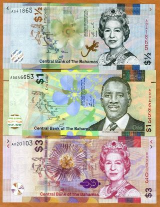 Set Bahamas,  1/2 - 1 - 3 Dollars,  2017 - 2019,  P -,  Qeii,  Unc Redesigned
