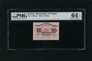 1920 Austria / Municipality Of Vienna 10 Heller Pick Unlisted Pmg 64 Epq Unc